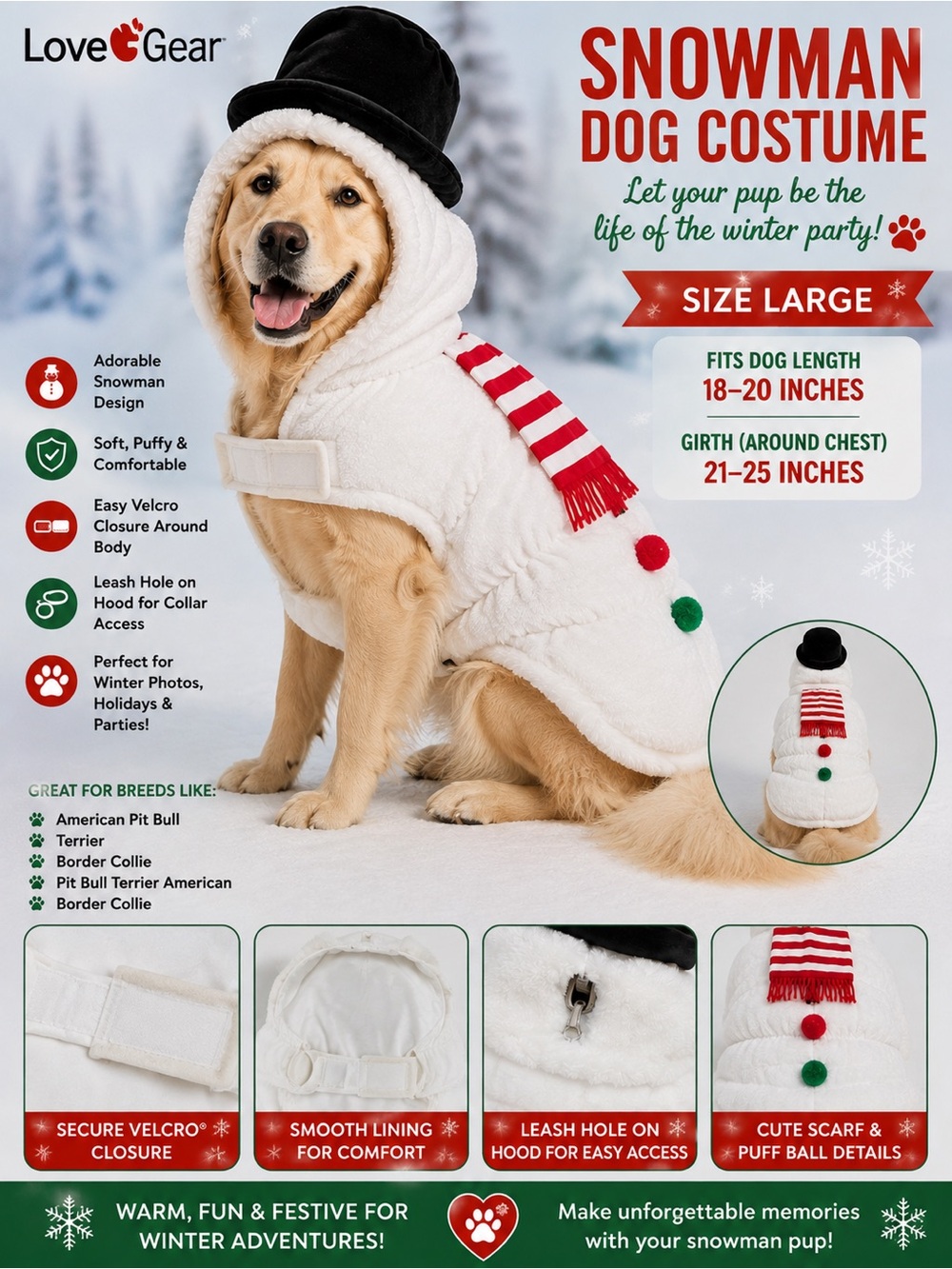 Snowman Dog Costume - White with Red & Green Accents (Large)